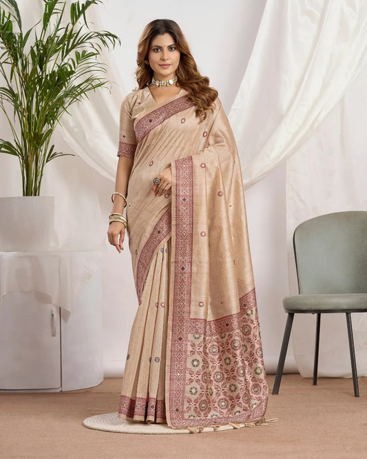 Chikoo Tassar Silk Saree with Resham Border and Jamdani Weave