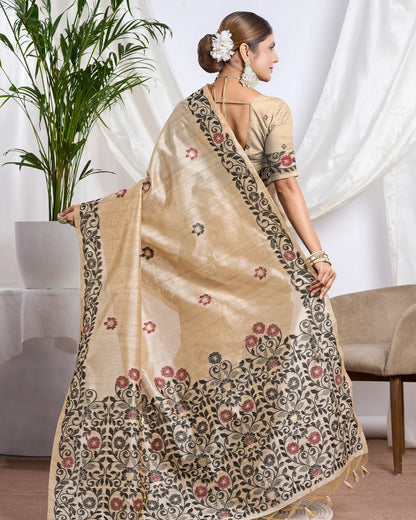 Chikoo Tassar Silk Saree with Resham Border and Jamdani Weave