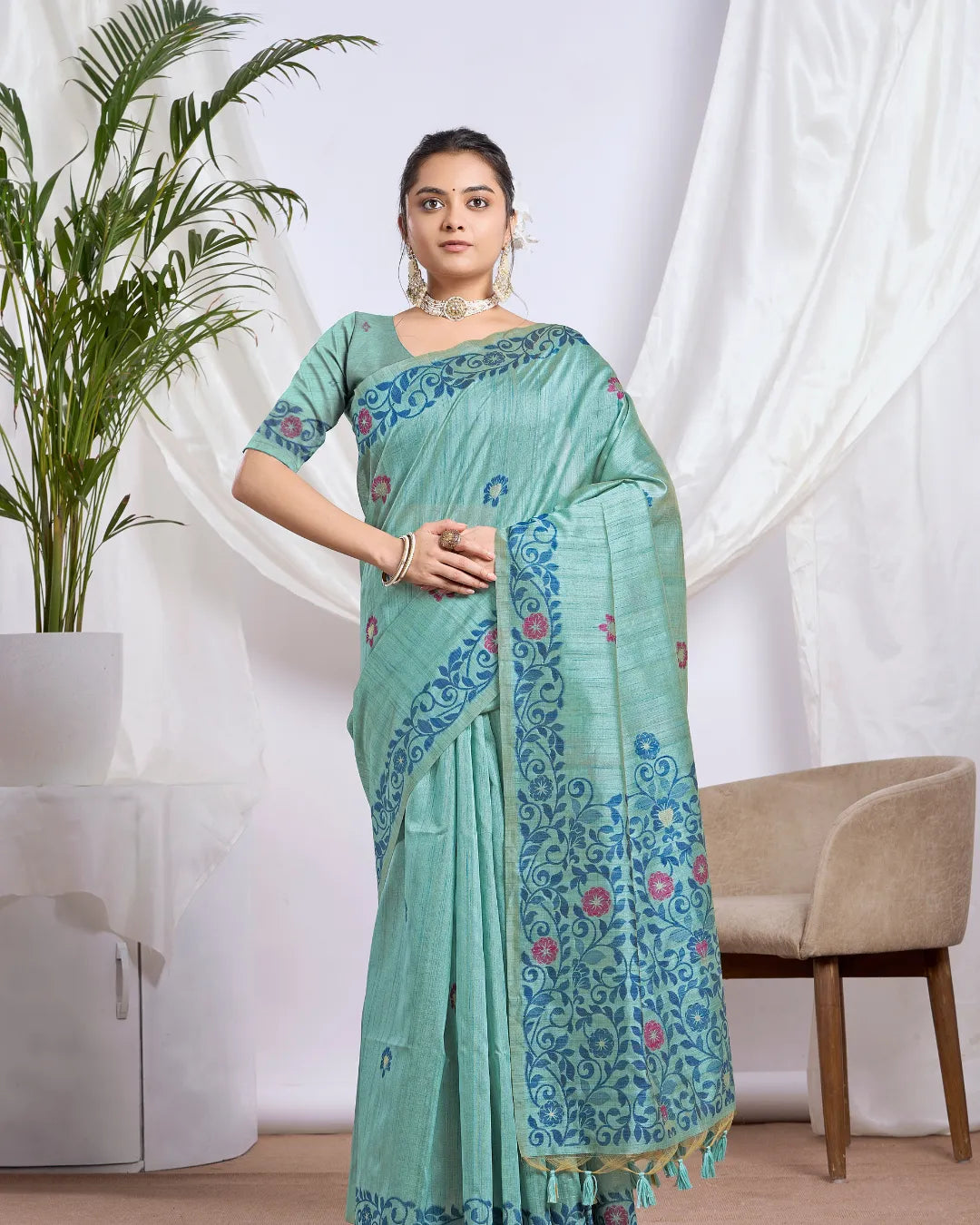 Chikoo Tassar Silk Saree with Resham Border and Jamdani Weave