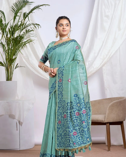 Sky Blue Tassar Silk Saree with Resham Border and Jamdani Weave