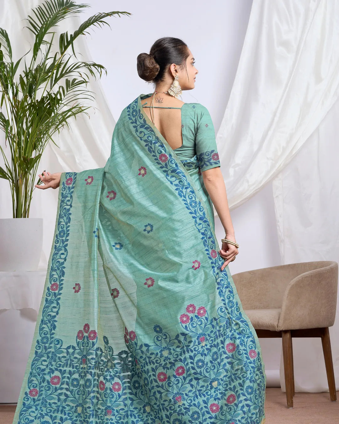 Sky Blue Tassar Silk Saree with Resham Border and Jamdani Weave