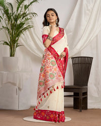 Pearl Blossom – White Muga Cotton Saree with Floral Artistry