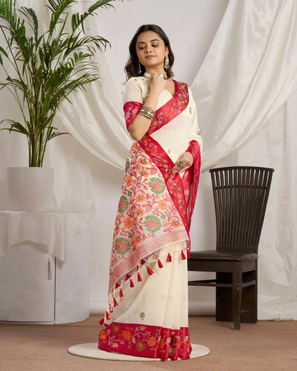 Pearl Blossom – White Muga Cotton Saree with Floral Artistry