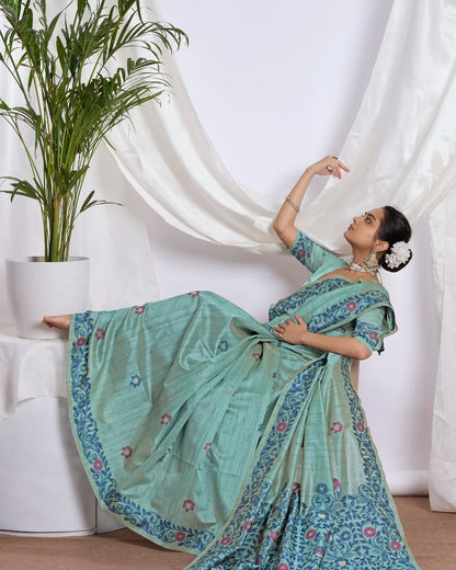 Sky Blue Tassar Silk Saree with Resham Border and Jamdani Weave