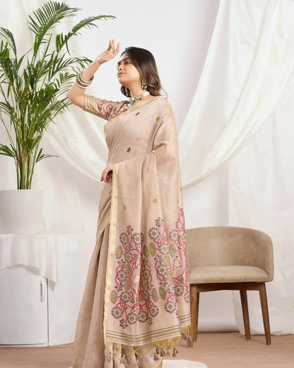 Ivory Elegance – Cream Muga Cotton Saree with Heritage Artistry