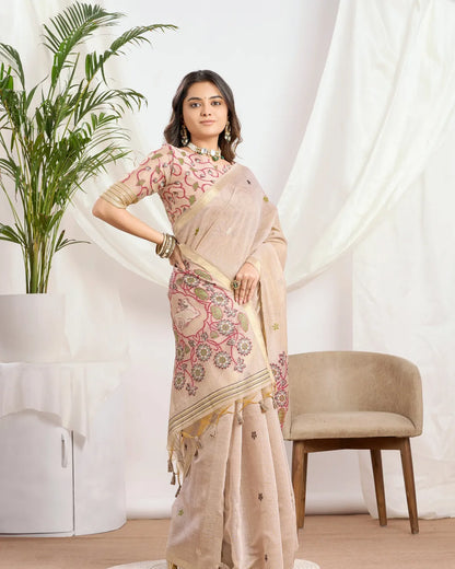 Ivory Elegance – Cream Muga Cotton Saree with Heritage Artistry