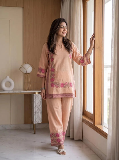 Peach Floral Vine Muga Cotton Co-ord Set with Pink Blooms