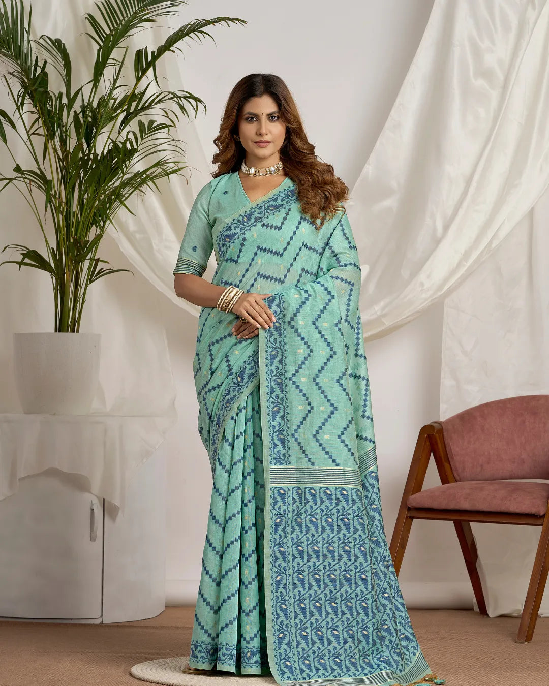 Azure Bliss - Sky Blue Geometric Muga Cotton Jamdani Saree