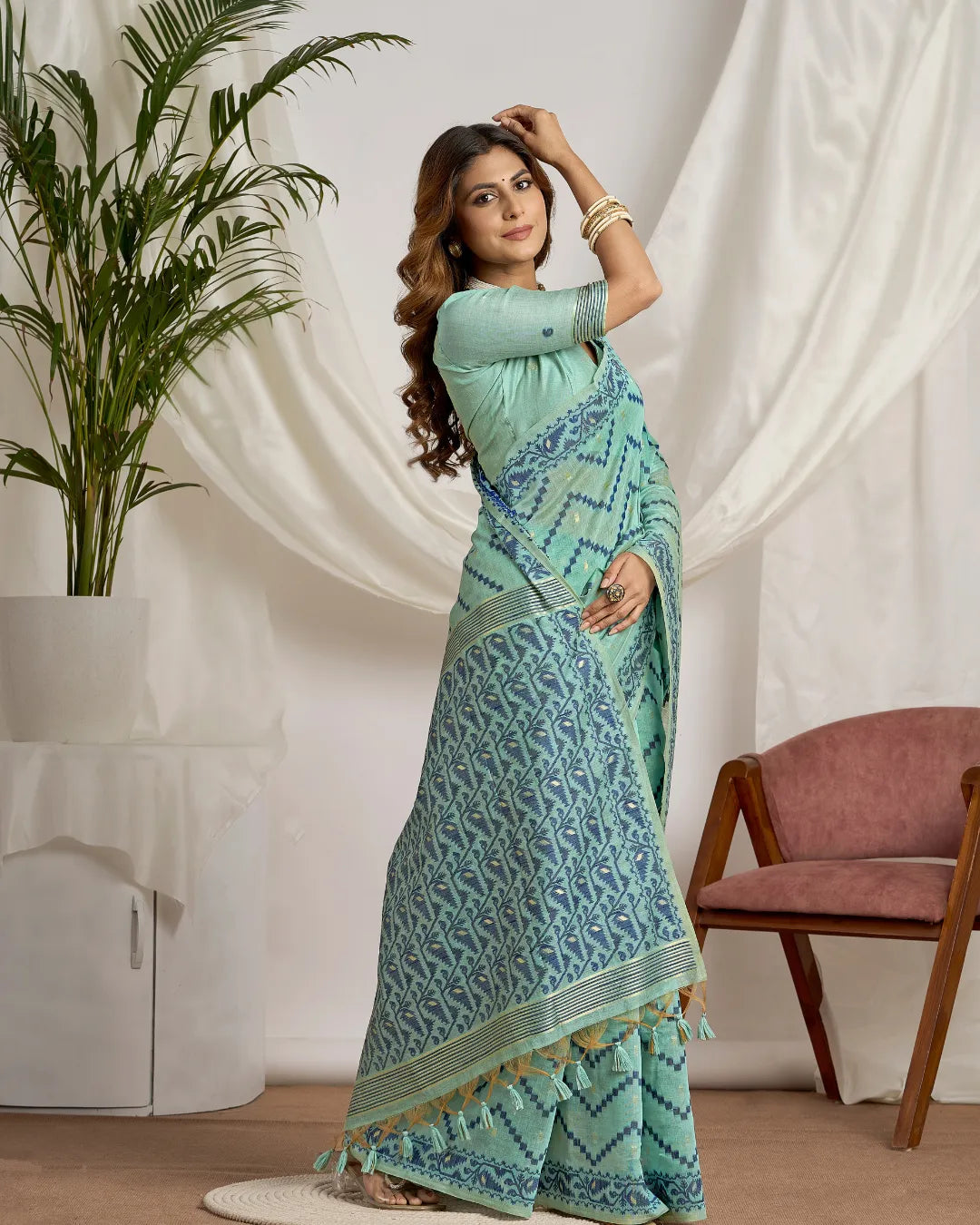 Azure Bliss - Sky Blue Geometric Muga Cotton Jamdani Saree