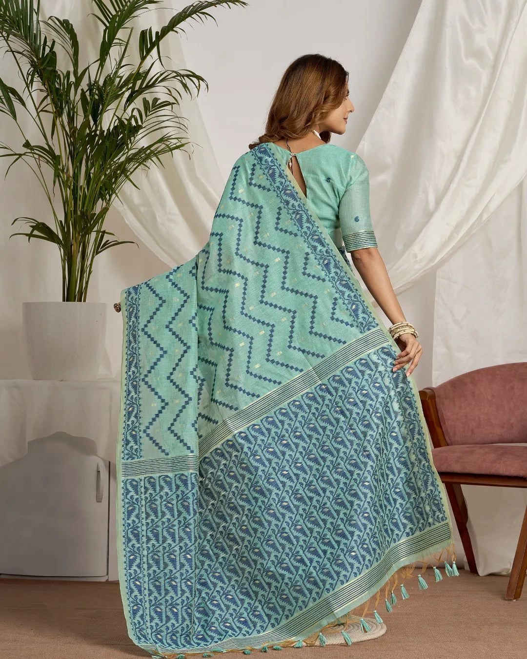 Azure Bliss - Sky Blue Geometric Muga Cotton Jamdani Saree