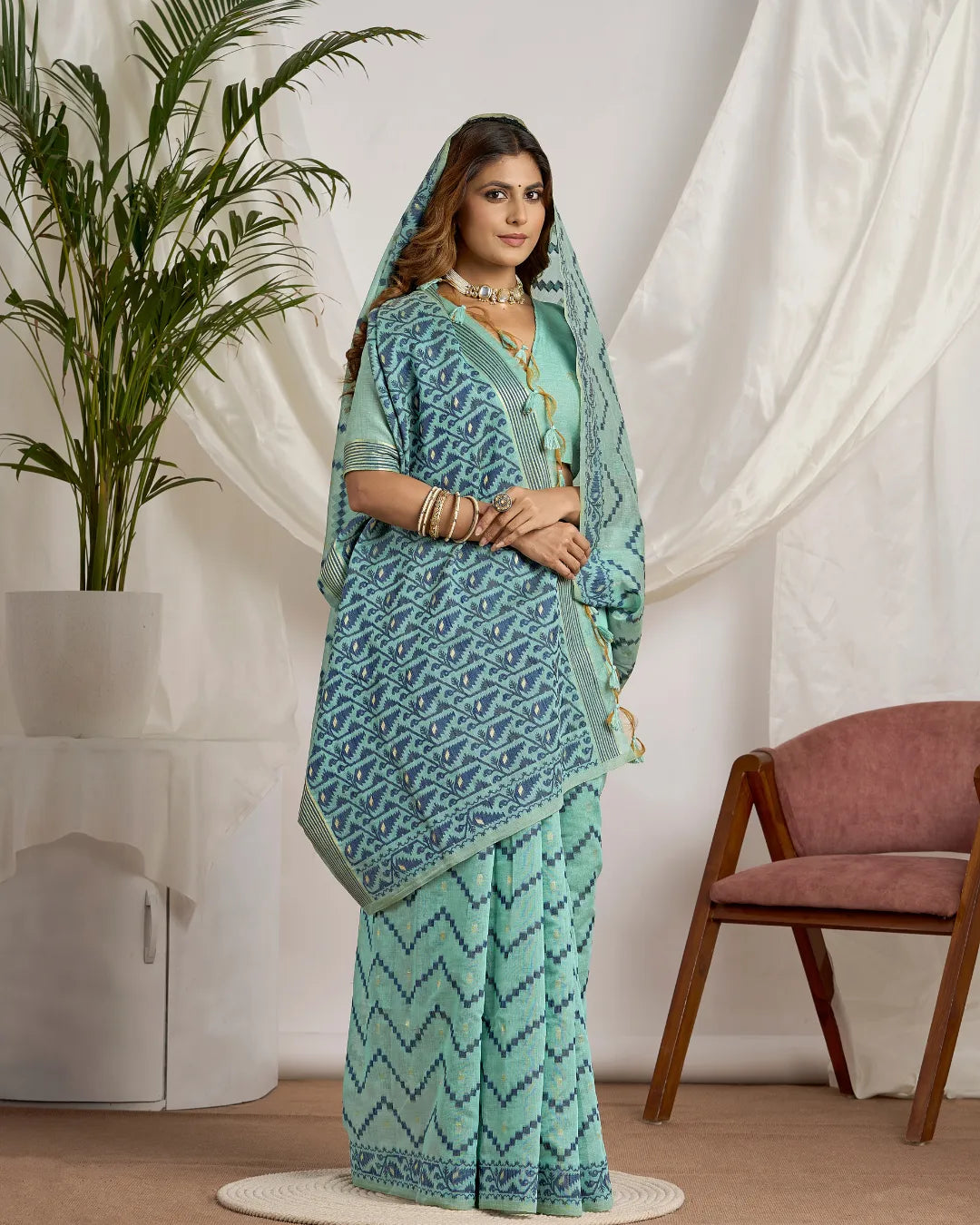 Azure Bliss - Sky Blue Geometric Muga Cotton Jamdani Saree