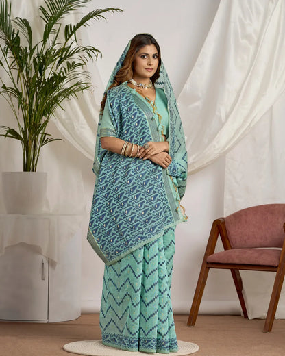 Azure Bliss - Sky Blue Geometric Muga Cotton Jamdani Saree