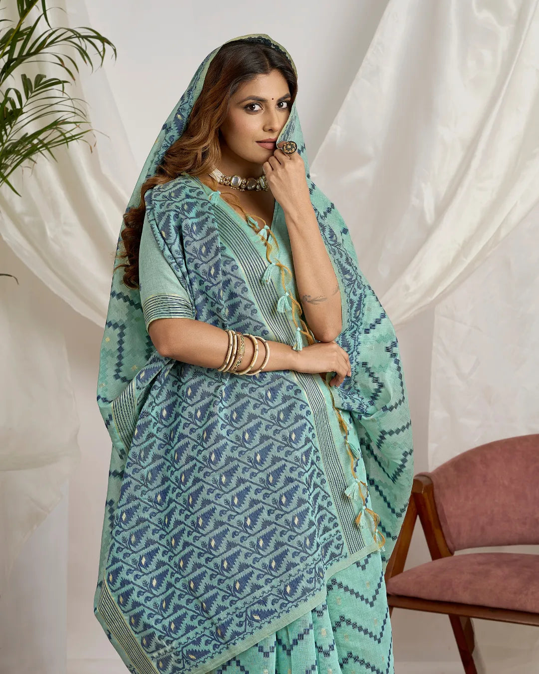 Azure Bliss - Sky Blue Geometric Muga Cotton Jamdani Saree