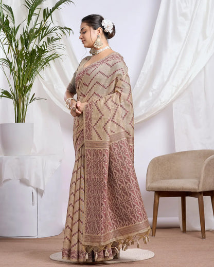 Chikoo Beige Geometric Muga Cotton Jamdani Saree