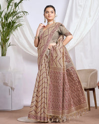 Chikoo Beige Geometric Muga Cotton Jamdani Saree