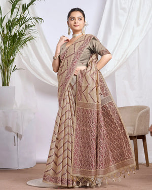 Chikoo Beige Geometric Muga Cotton Jamdani Saree