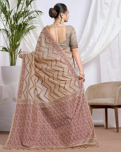 Chikoo Beige Geometric Muga Cotton Jamdani Saree