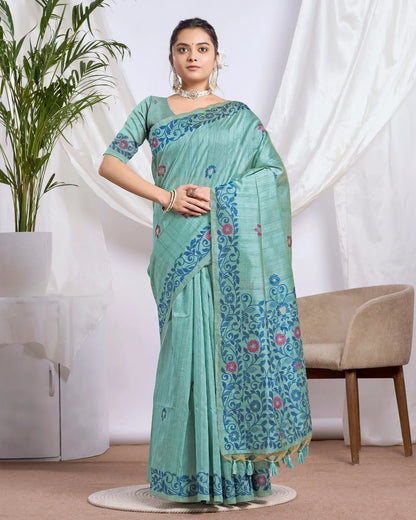 Sky Blue Tassar Silk Saree with Resham Border and Jamdani Weave