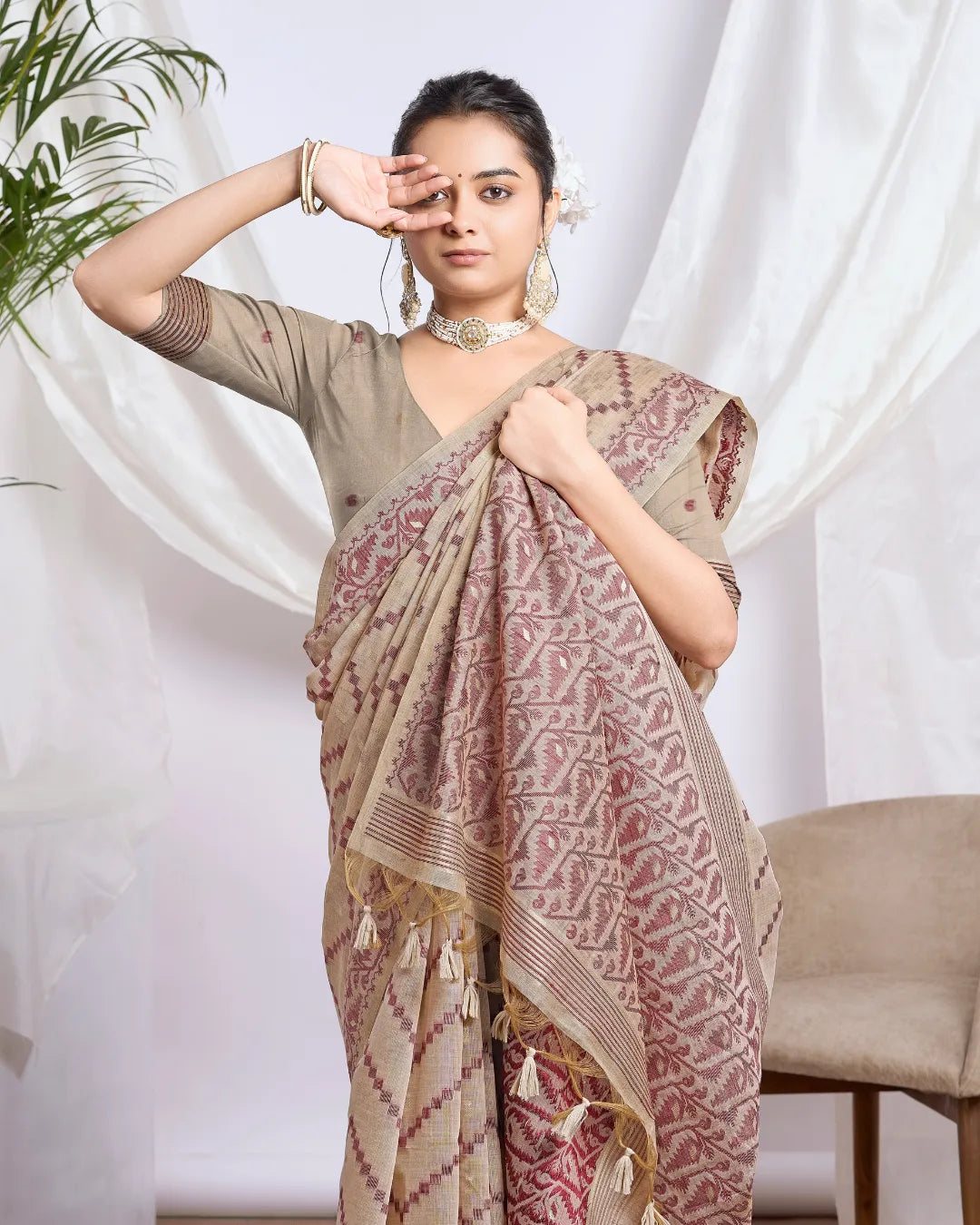 Pista Green Geometric Muga Cotton Jamdani Saree