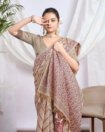 Pista Green Geometric Muga Cotton Jamdani Saree