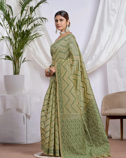 Pista Green Geometric Muga Cotton Jamdani Saree