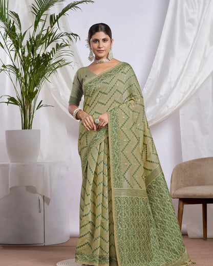 Chikoo Beige Geometric Muga Cotton Jamdani Saree