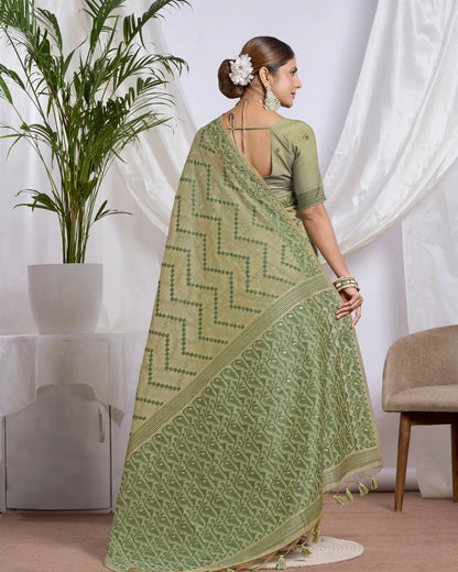 Pista Green Geometric Muga Cotton Jamdani Saree