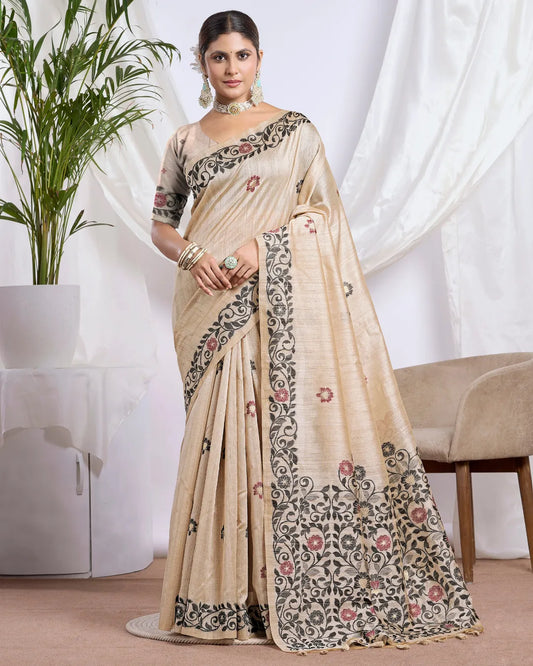 Chikoo Tassar Silk Saree with Resham Border and Jamdani Weave