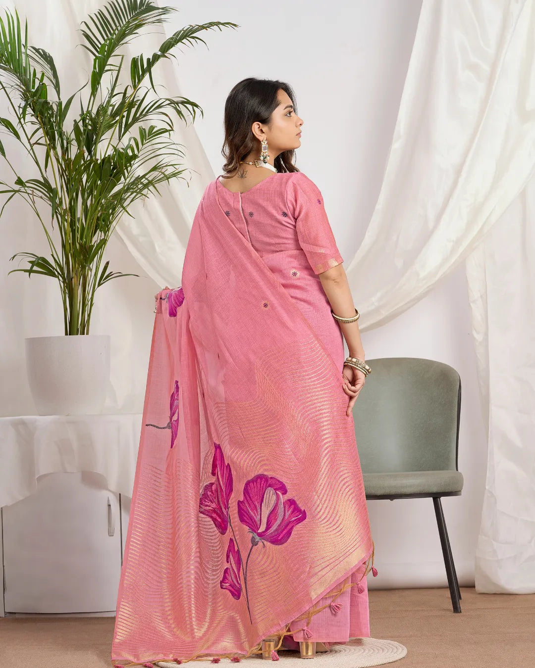Blush Bloom – Pink Muga Cotton Saree with Botanical Artistry