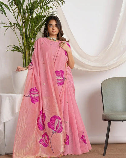Blush Bloom – Pink Muga Cotton Saree with Botanical Artistry