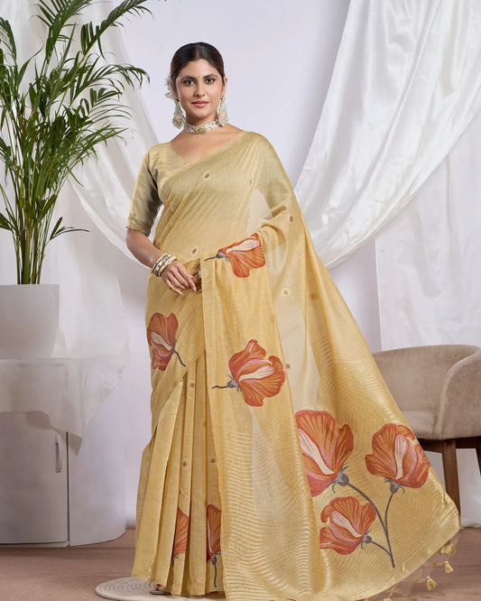 Golden Radiance – Yellow Muga Cotton Saree with Floral Artistry