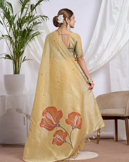 Golden Radiance – Yellow Muga Cotton Saree with Floral Artistry