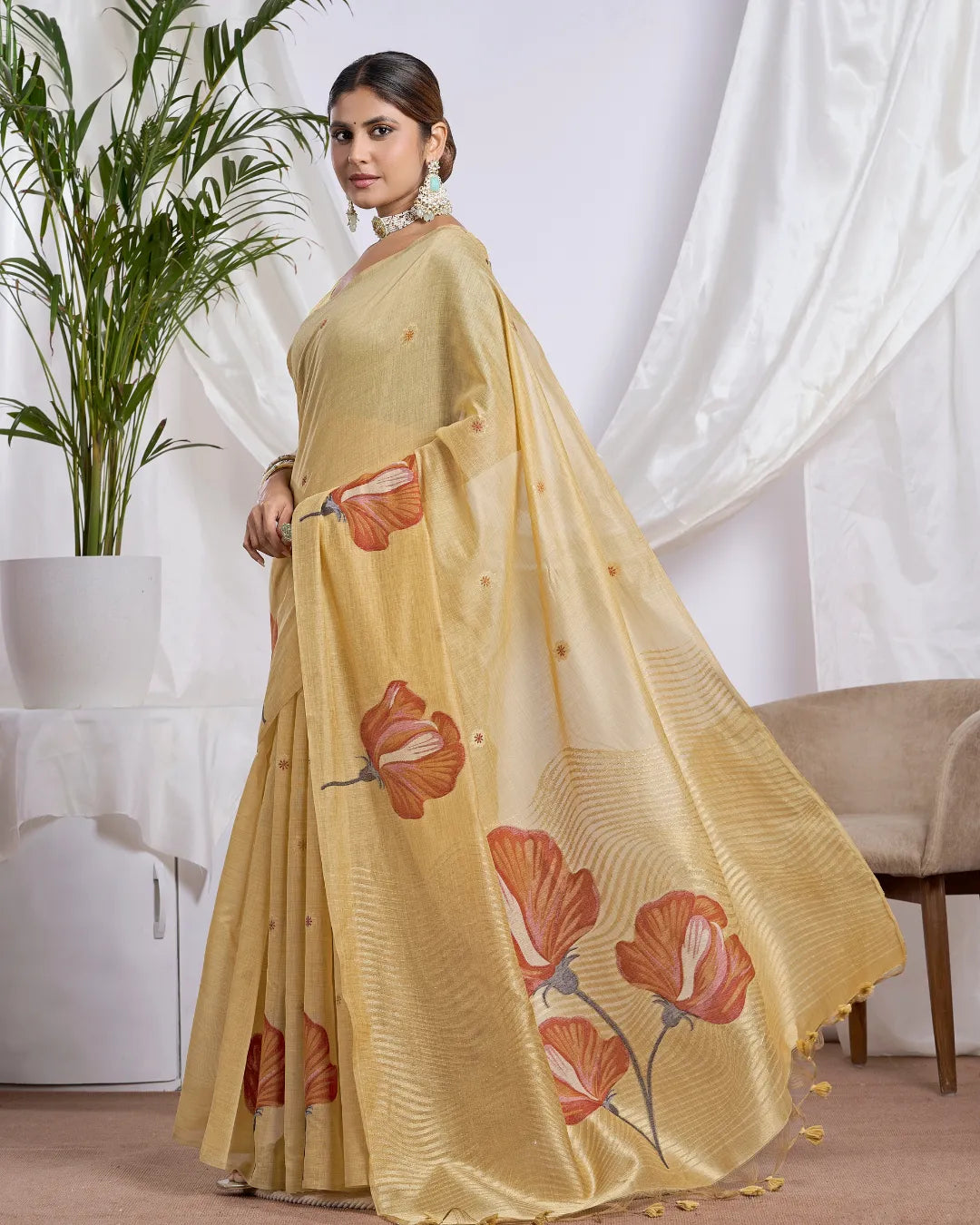 Golden Radiance – Yellow Muga Cotton Saree with Floral Artistry