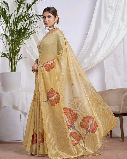 Golden Radiance – Yellow Muga Cotton Saree with Floral Artistry