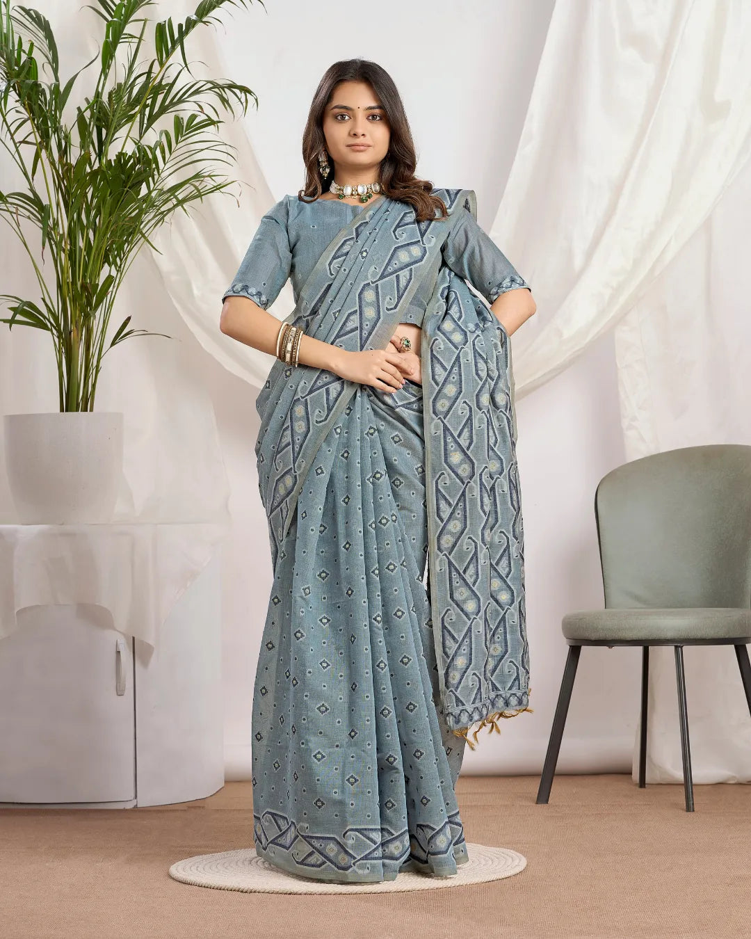 Steel Azure – Light Blue Muga Cotton Saree with Tribal Geometry