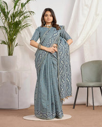 Steel Azure – Light Blue Muga Cotton Saree with Tribal Geometry