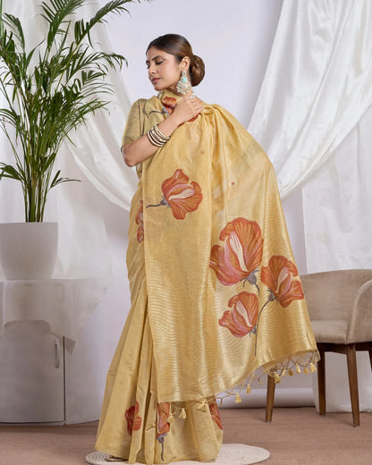 Golden Radiance – Yellow Muga Cotton Saree with Floral Artistry