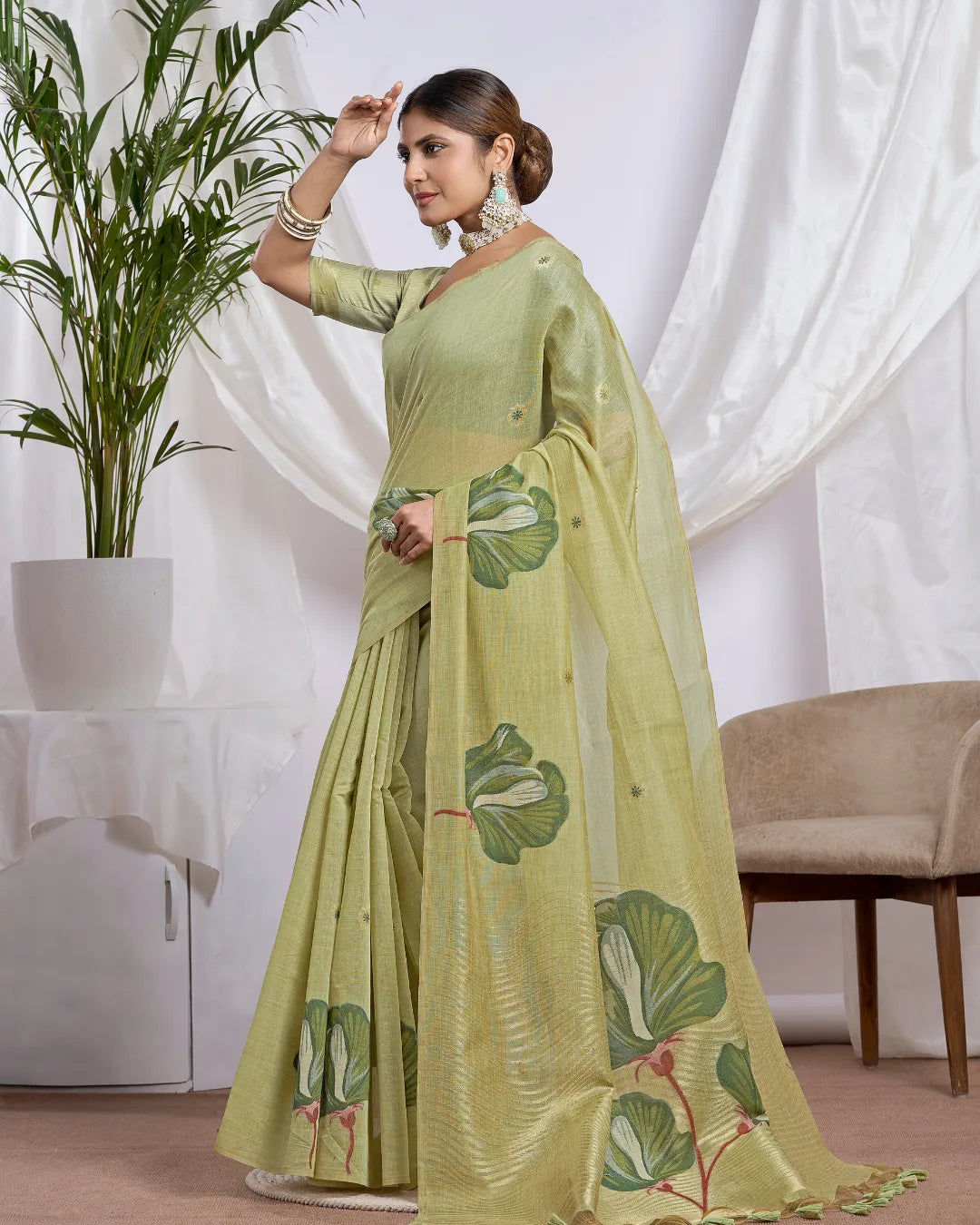 Mint Harmony – Pista Green Muga Cotton Saree with Nature Artistry