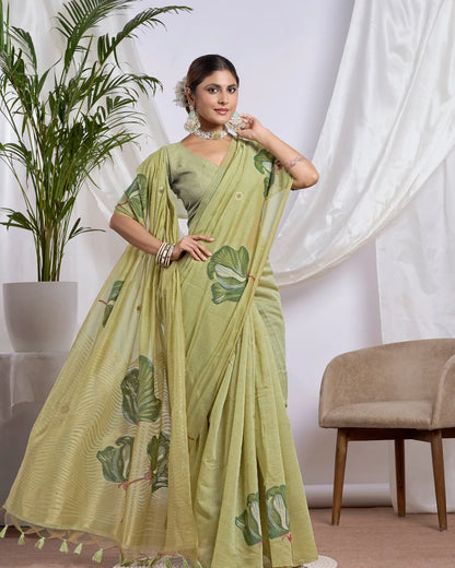 Mint Harmony – Pista Green Muga Cotton Saree with Nature Artistry
