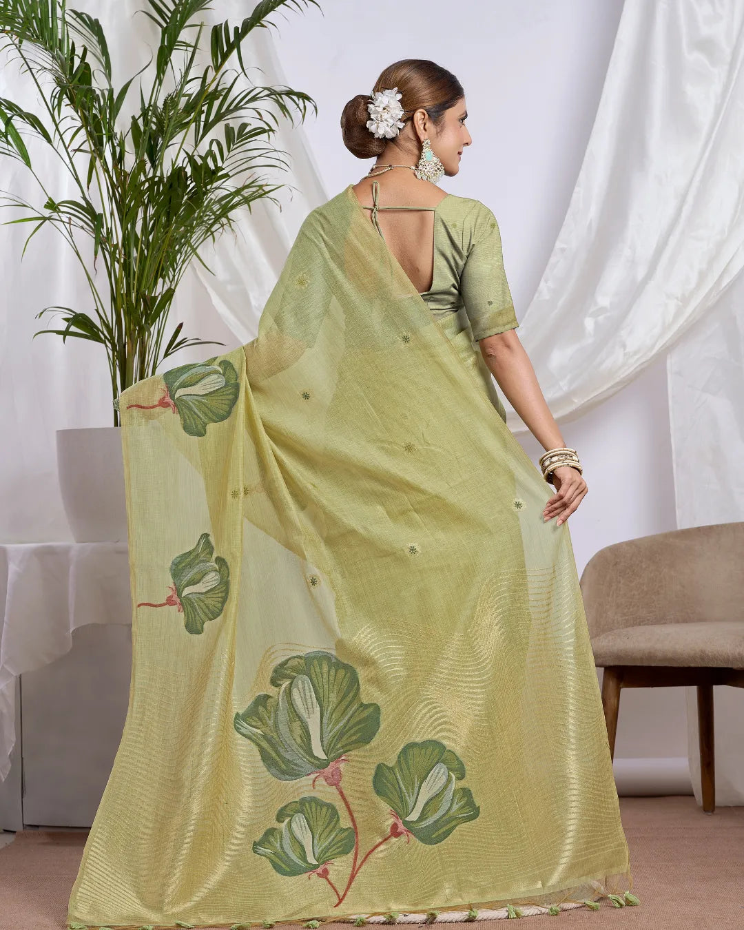 Mint Harmony – Pista Green Muga Cotton Saree with Nature Artistry