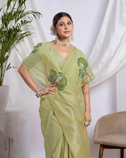 Mint Harmony – Pista Green Muga Cotton Saree with Nature Artistry