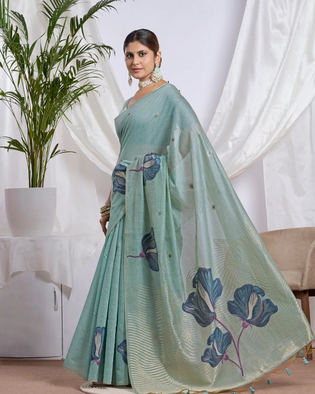 Azure Breeze – Sky Blue Muga Cotton Saree with Floral Elegance