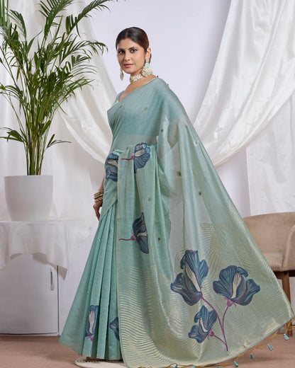 Azure Breeze – Sky Blue Muga Cotton Saree with Floral Elegance