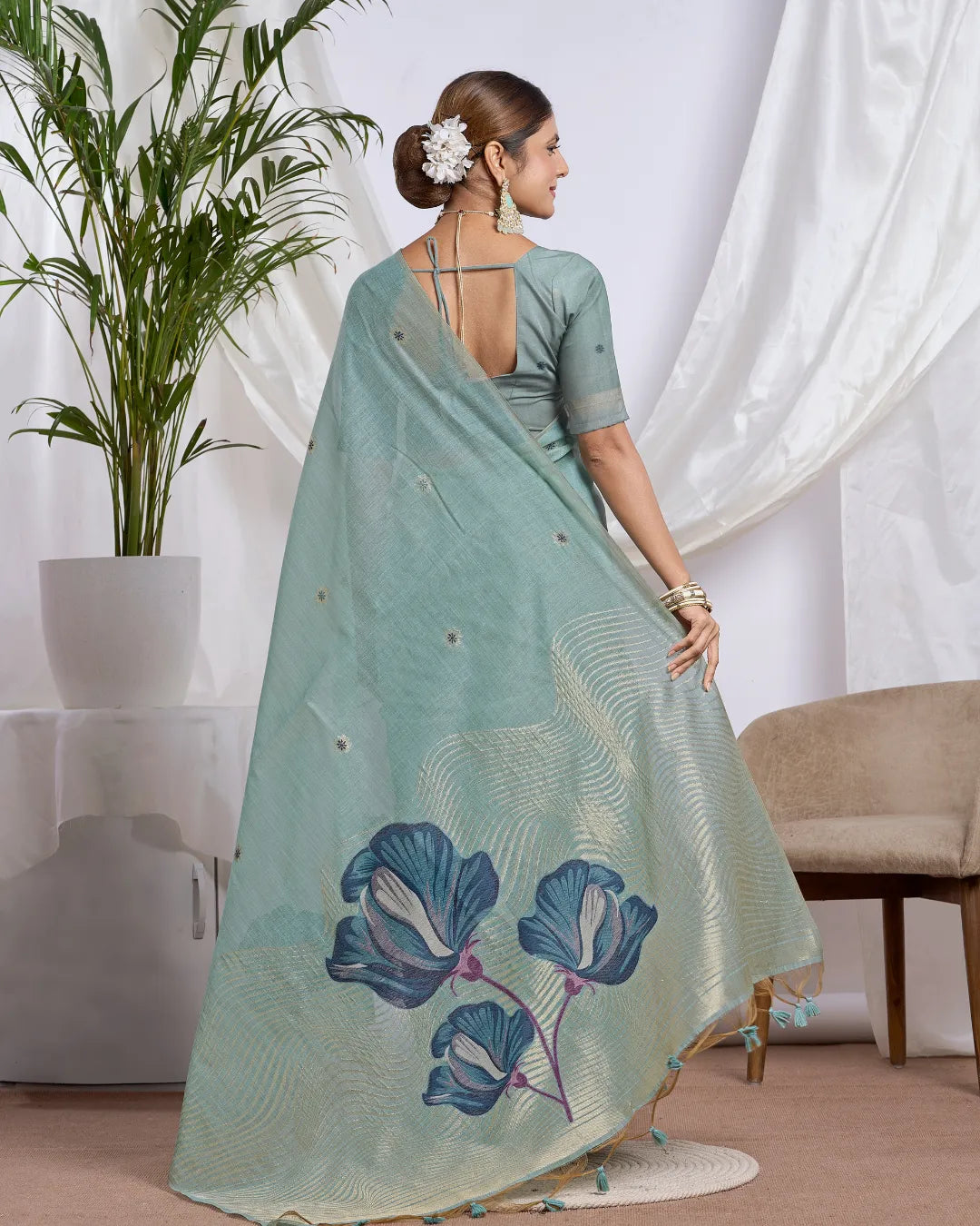 Azure Breeze – Sky Blue Muga Cotton Saree with Floral Elegance