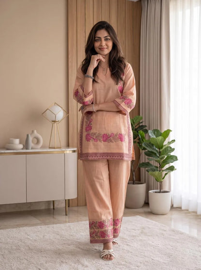 Peach Floral Vine Muga Cotton Co-ord Set with Pink Blooms
