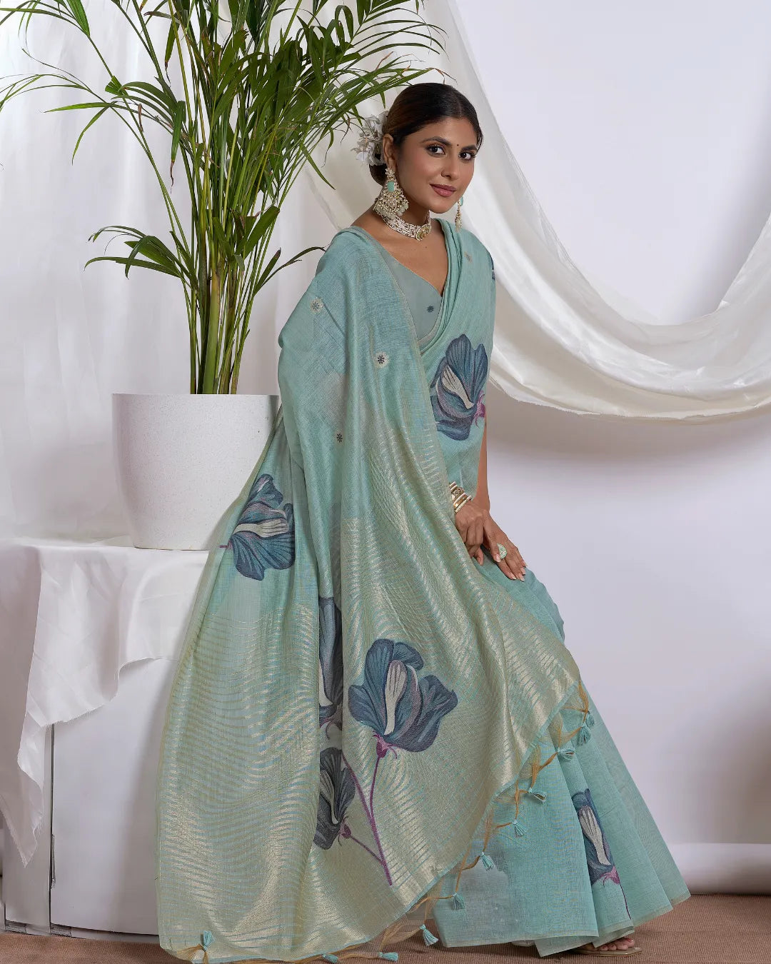 Azure Breeze – Sky Blue Muga Cotton Saree with Floral Elegance