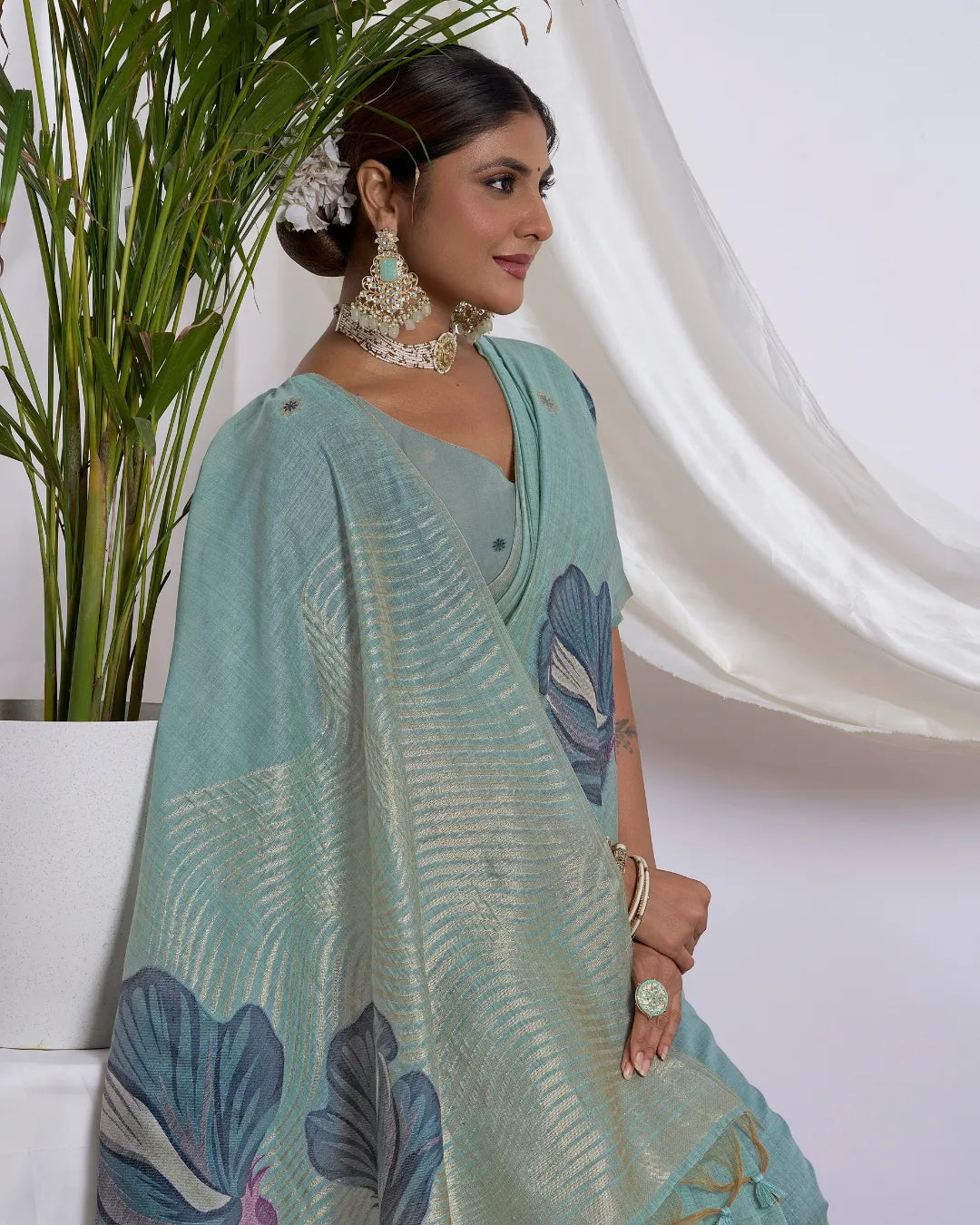 Azure Breeze – Sky Blue Muga Cotton Saree with Floral Elegance