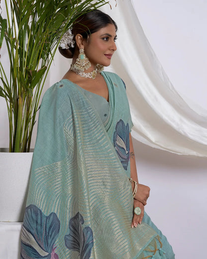 Azure Breeze – Sky Blue Muga Cotton Saree with Floral Elegance