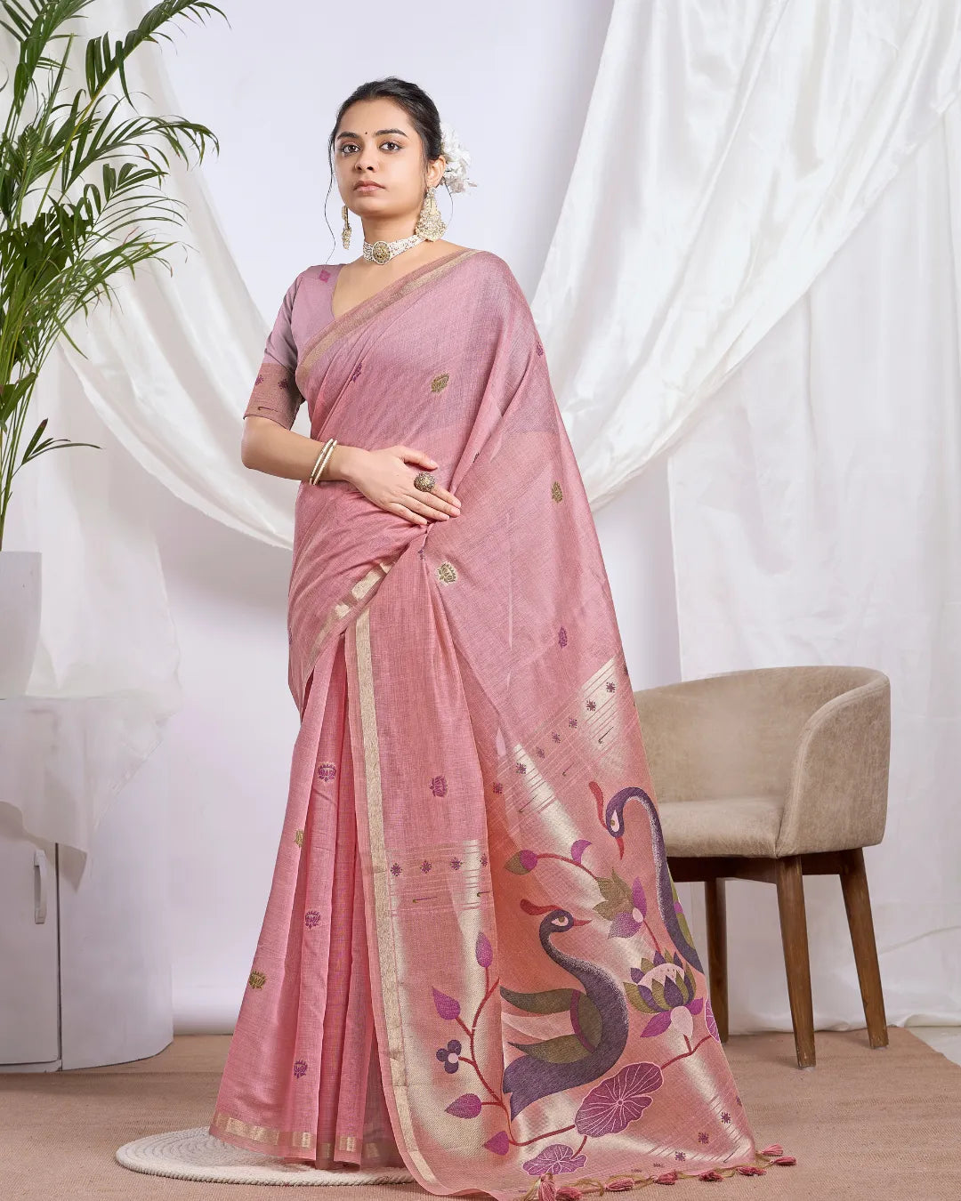Chikoo Muga Cotton Saree with Jari Border and Peacock Motifs