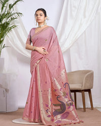 Pink Muga Cotton Saree with Jari Border and Peacock Pallu